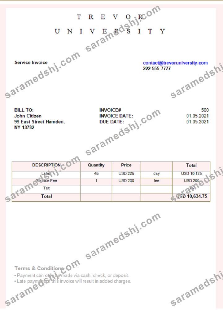 USA Trevor University invoice